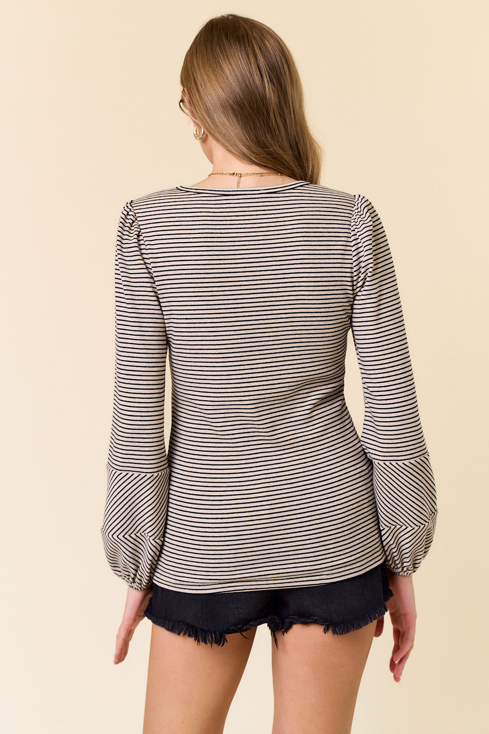Round Neck Bubble Long Sleeve Striped Top