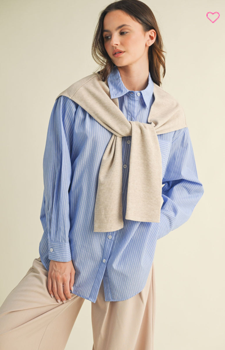 Striped Shirt with Layered Knit Sleeves Top