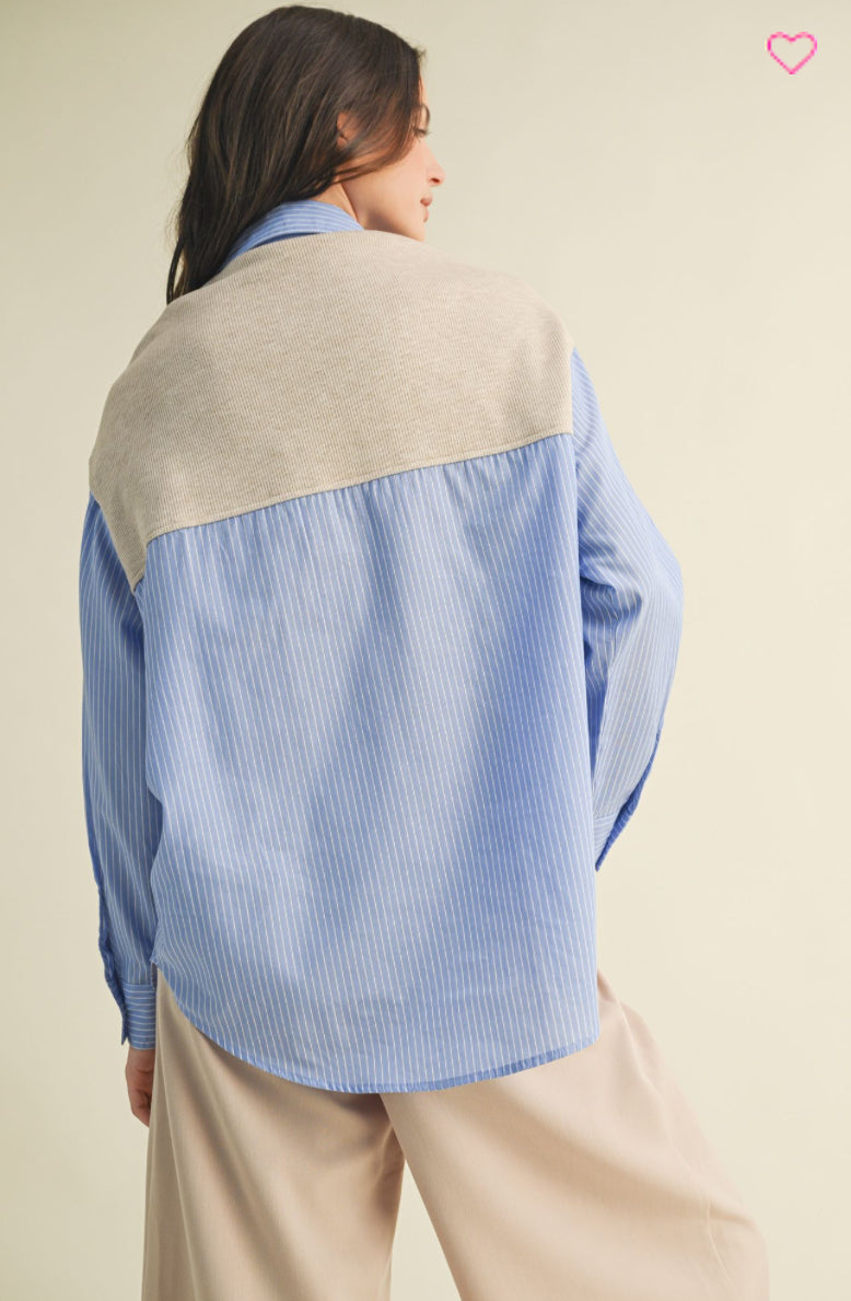 Striped Shirt with Layered Knit Sleeves Top