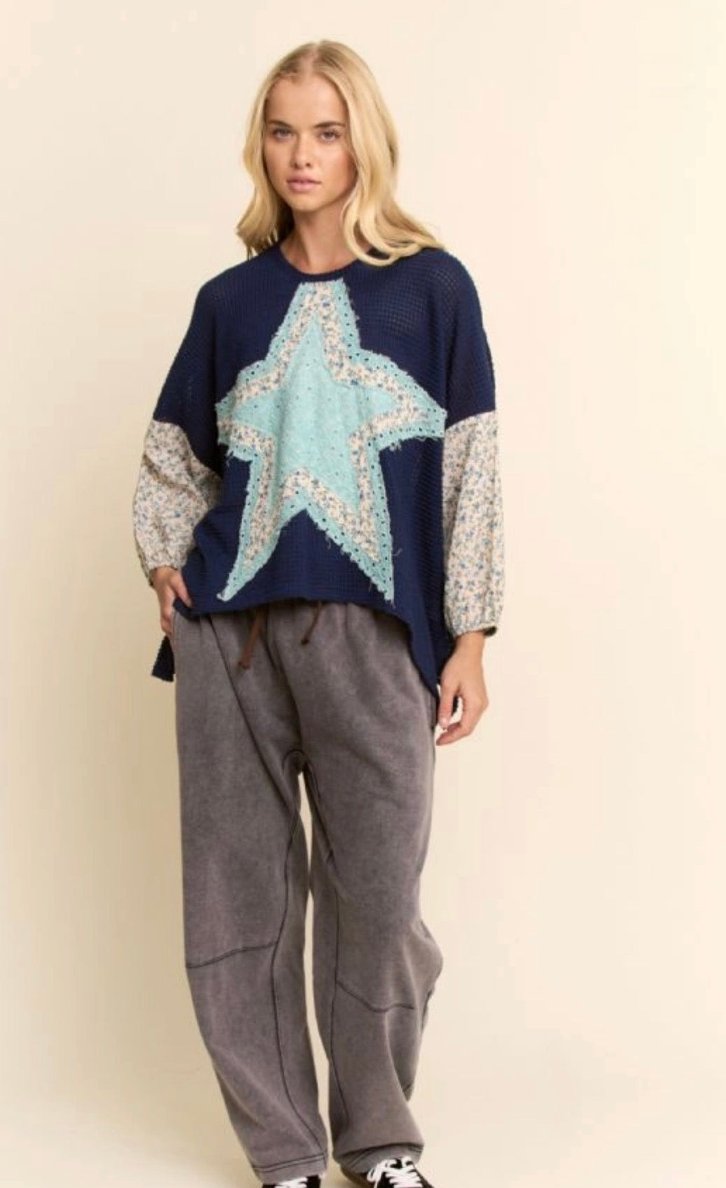 Multi-Star Patchwork Ditsy Sleeve Waffle Top