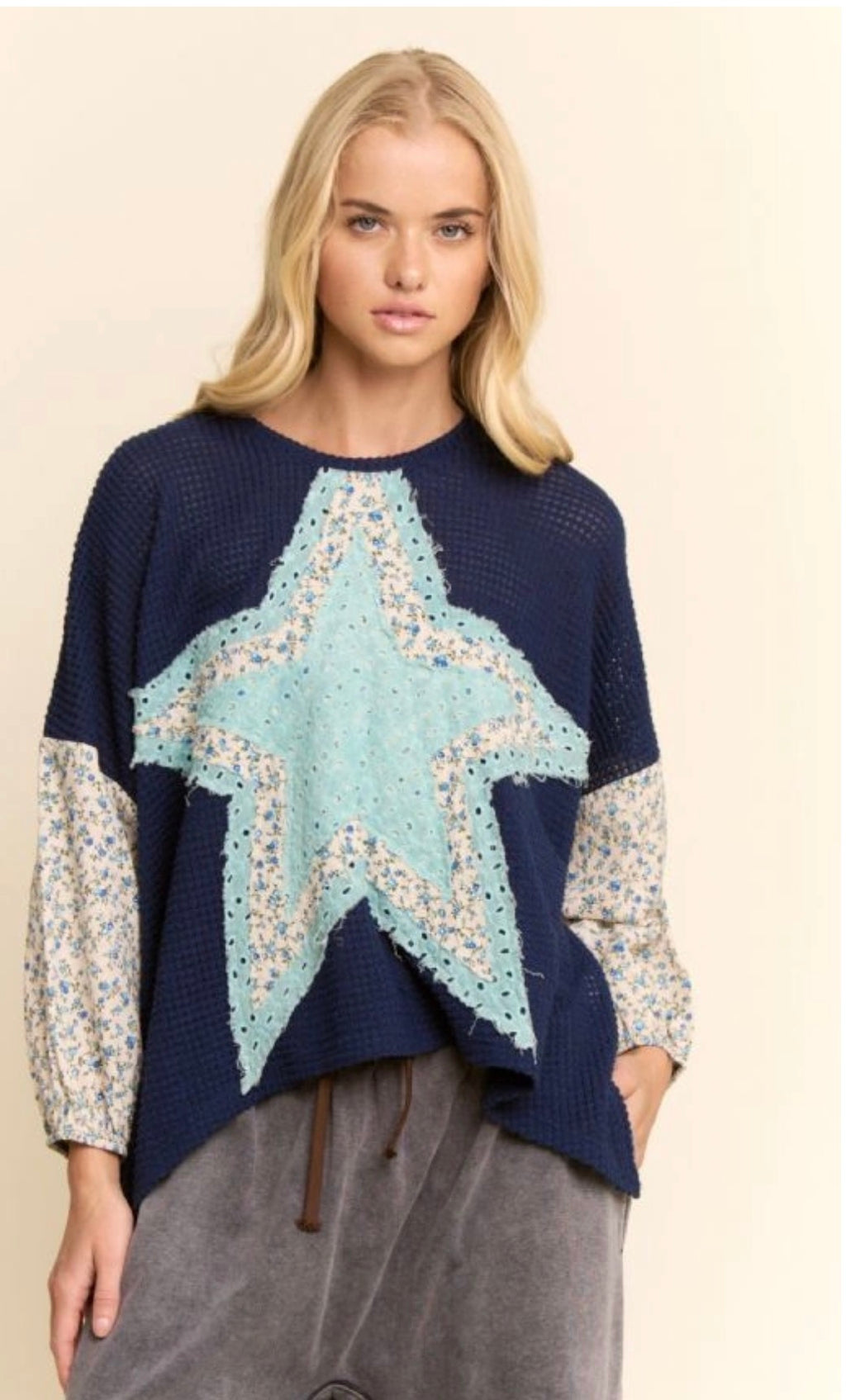 Multi-Star Patchwork Ditsy Sleeve Waffle Top