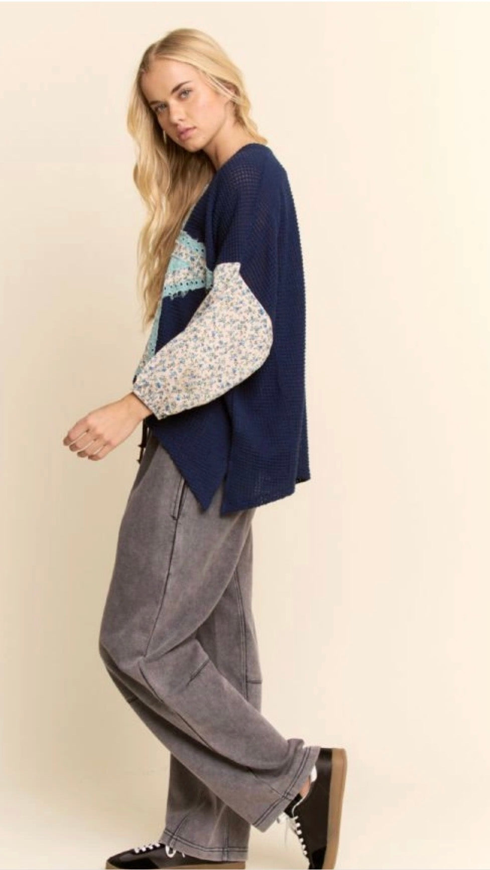 Multi-Star Patchwork Ditsy Sleeve Waffle Top