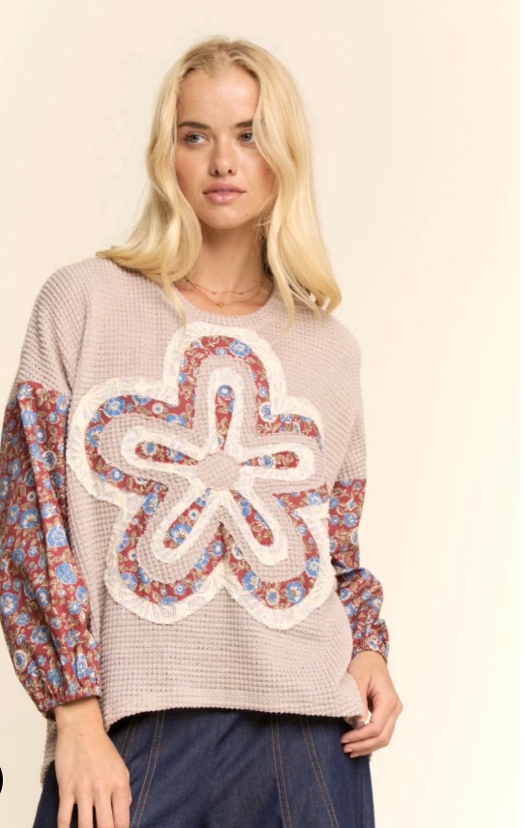 Waffle Knit Multi-Flower Patch Detail Shirt