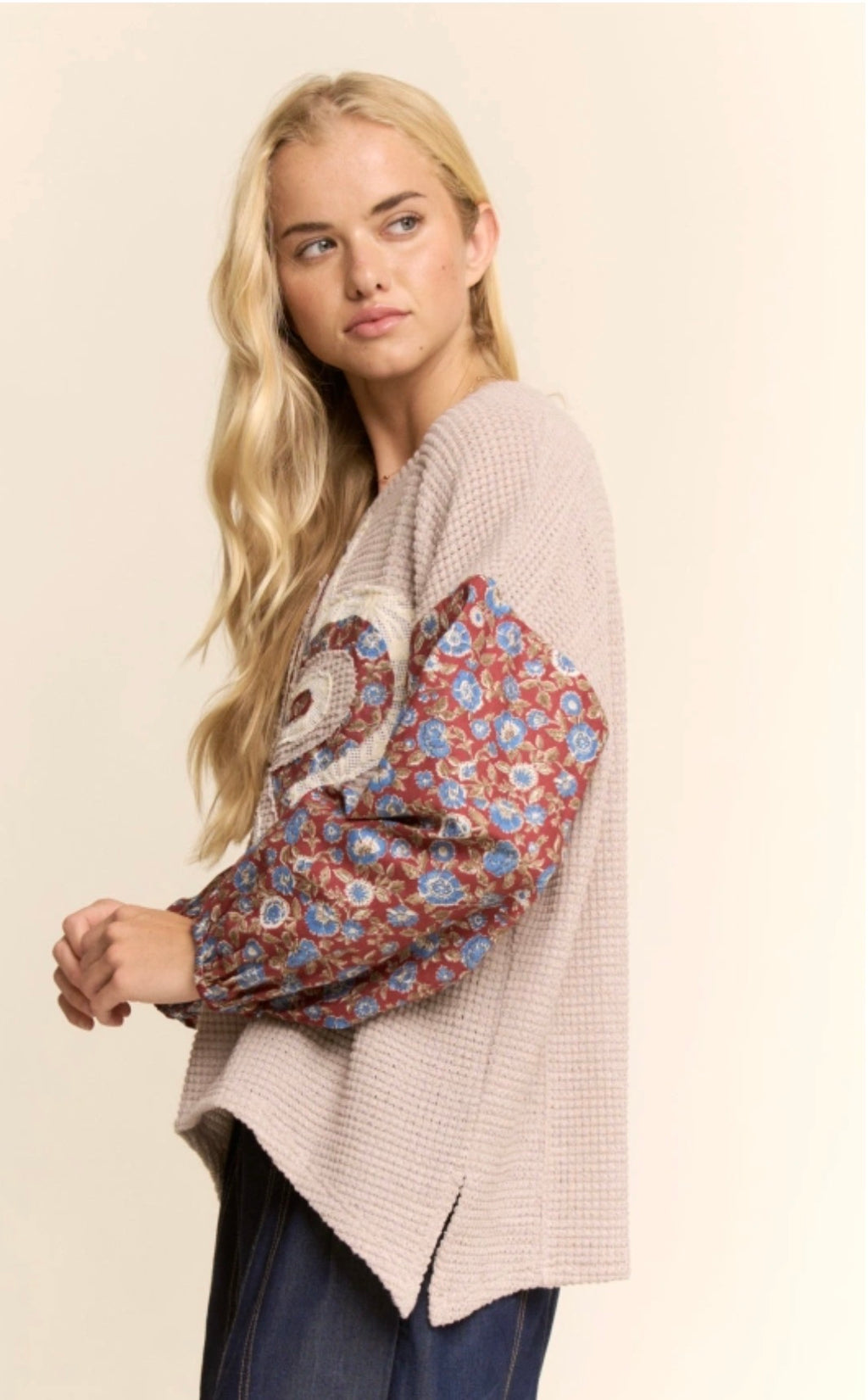 Waffle Knit Multi-Flower Patch Detail Shirt