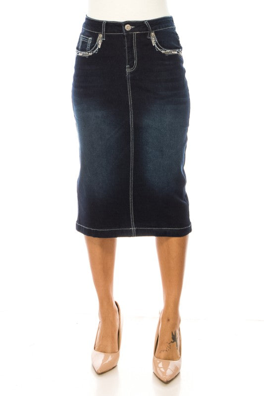 Dark Denim Skirt W/Embroidered Pockets