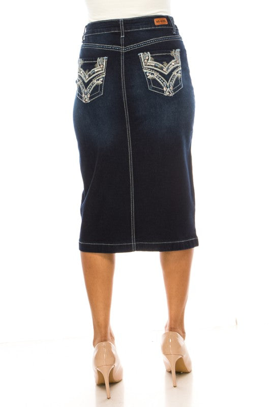 Dark Denim Skirt W/Embroidered Pockets