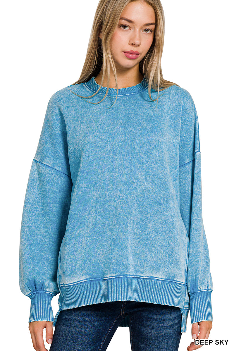 Acid Wash Fleece Hi-Low Hem Pullover