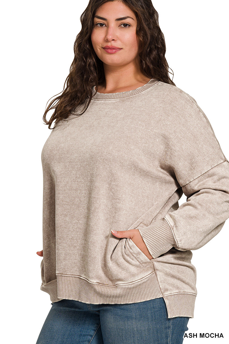 Curvy Acid Wash Fleece Hi-Low Hem Pullover