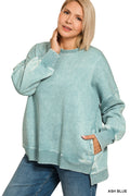 Curvy Acid Wash Fleece Hi-Low Hem Pullover